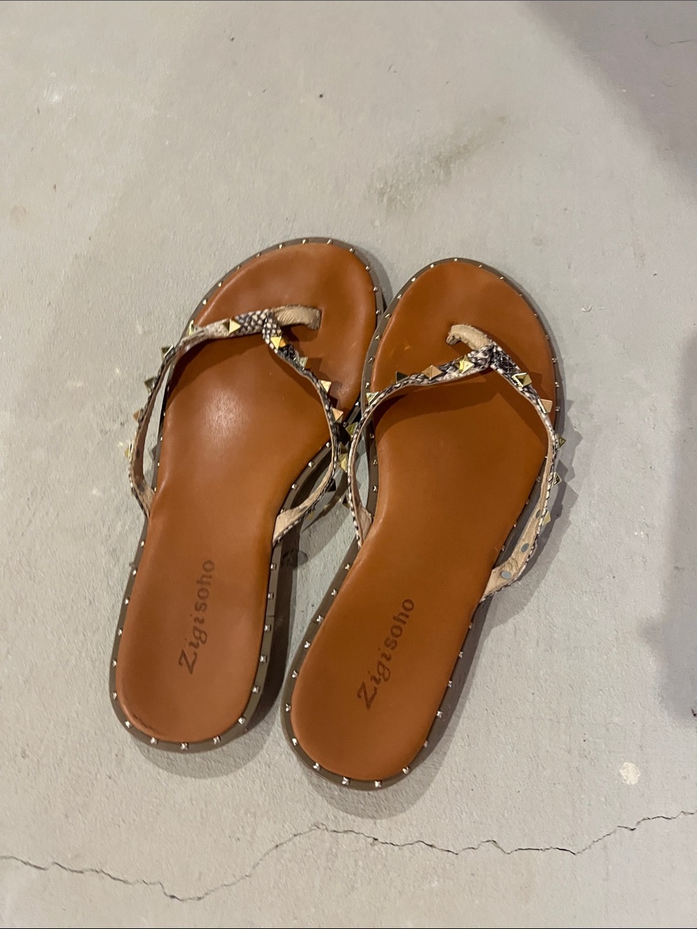 Zigi Soho Tan Leather Thong Sandals with Snake-Print Straps and Stud Trim